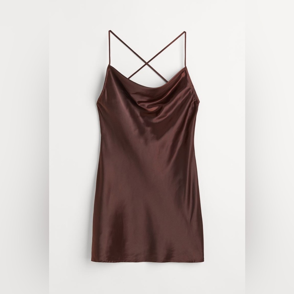 Chocolate Brown Satin Slip mini dress cross back